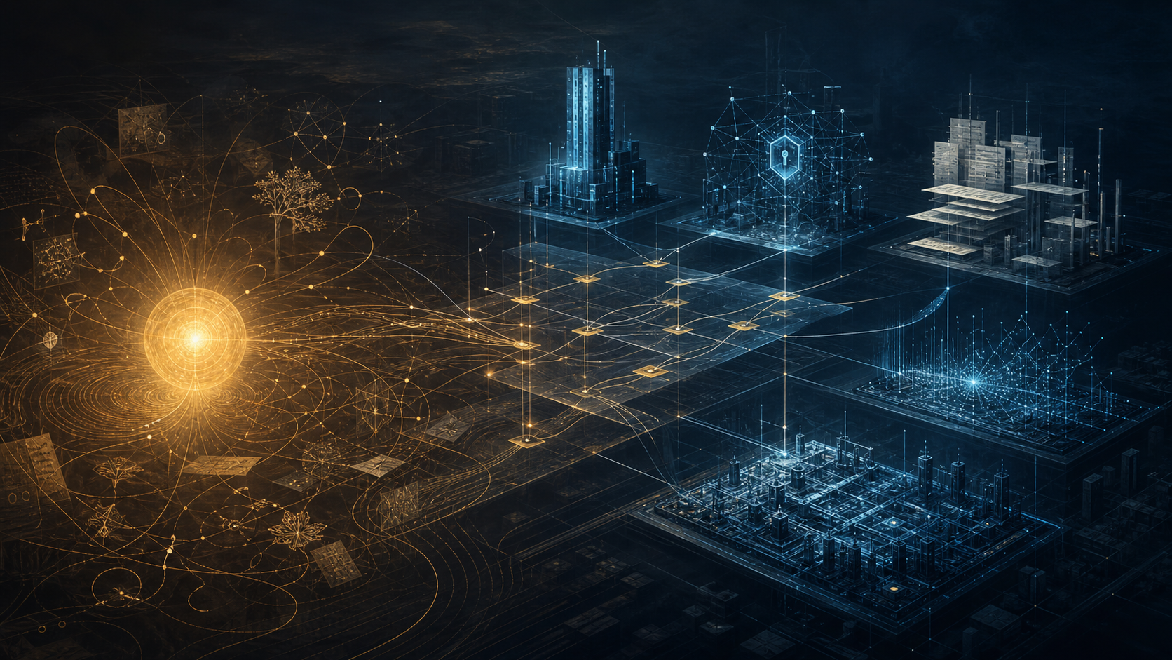 A warm companion intelligence routes luminous threads toward distinct blue specialist systems in a dark architectural landscape.